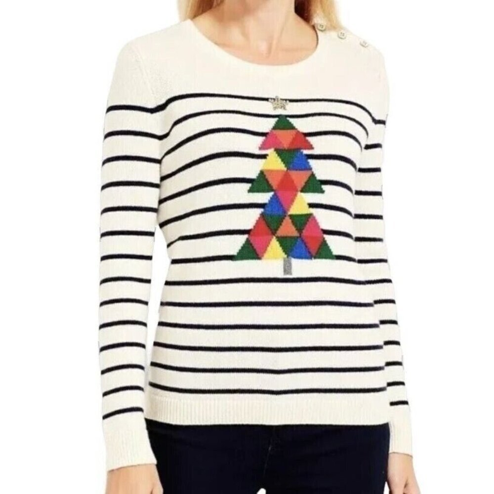 Talbots Petite Womens Size P Embellished Striped Christmas Tree Sweater 2672
